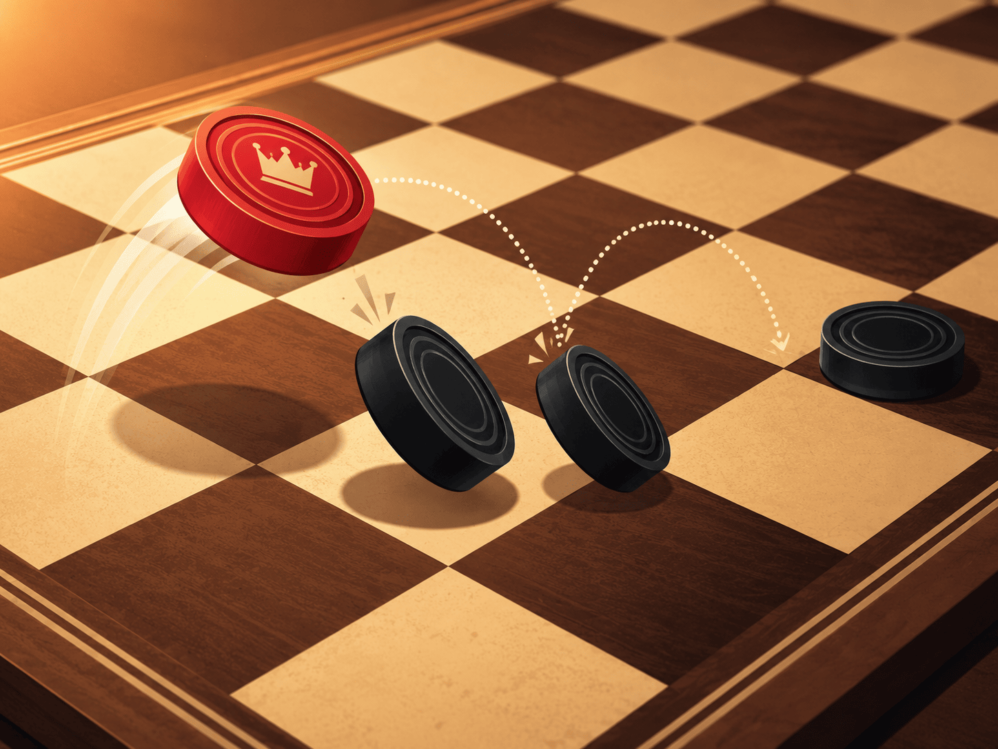 A dramatic close-up of a classic checkers board mid multi-jump: a single red king piece captured in motion, arcing over two black pieces with smooth dotted motion arcs, both black pieces tipped slightly as if about to be swept away. A third black piece waits one square beyond in the jump's path. Warm directional light, shallow depth of field, flat modern illustration style with rich red and near-black pieces on a warm cream and brown board, dynamic but clean composition.