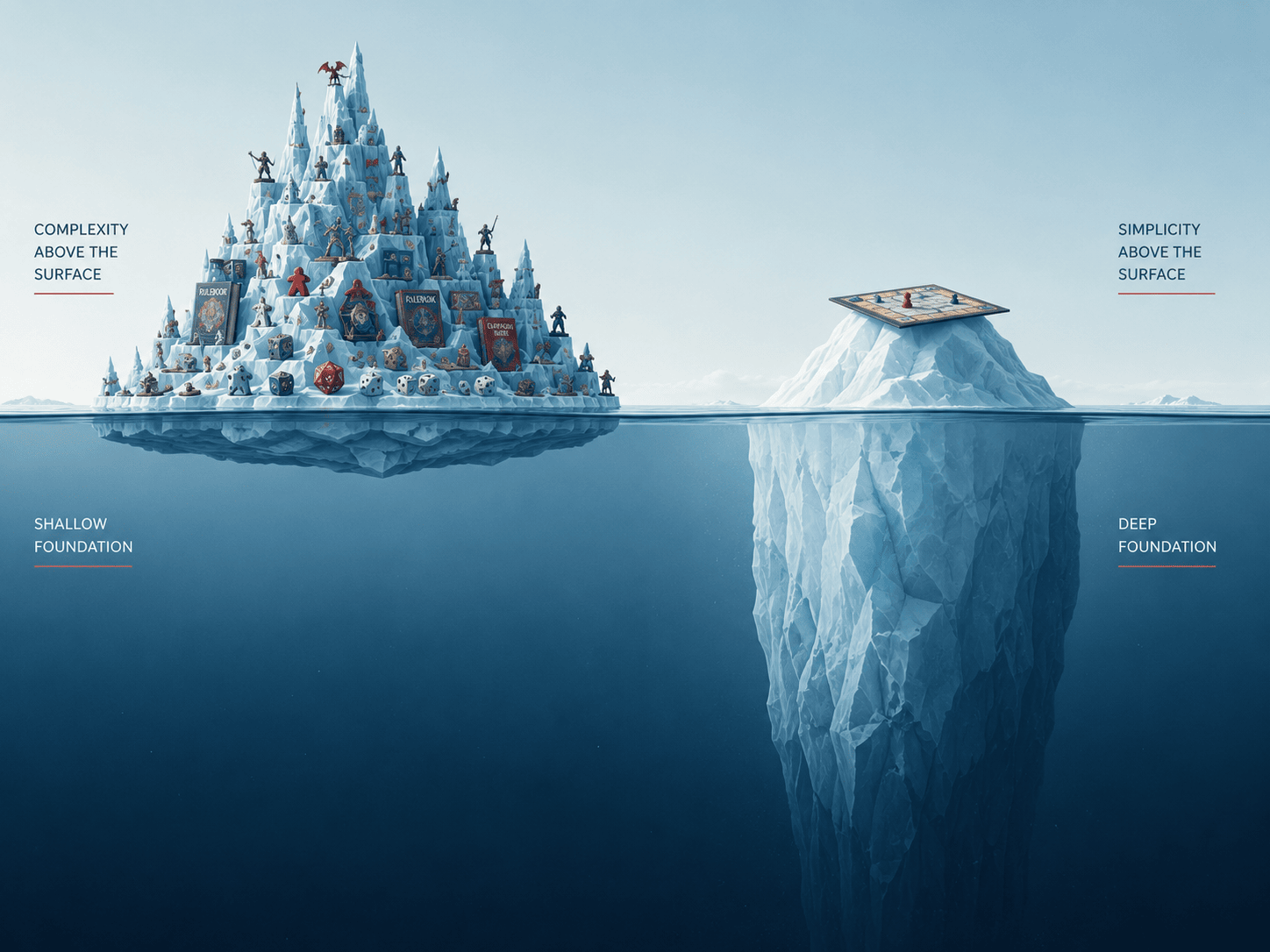 Two icebergs side by side in a calm minimalist sea, cross-sectioned to show above and below the waterline. The left iceberg is huge above the surface - ornate, spiky, encrusted with tiny rulebooks, dice, tokens and miniatures - but nearly flat below the water. The right iceberg shows only a small smooth tip above the surface, a simple game board balanced on it, while below the waterline it plunges into an enormous deep mass fading into darkness. Soft light, flat modern illustration style, cool blues with soft red accents, quietly instructive mood.