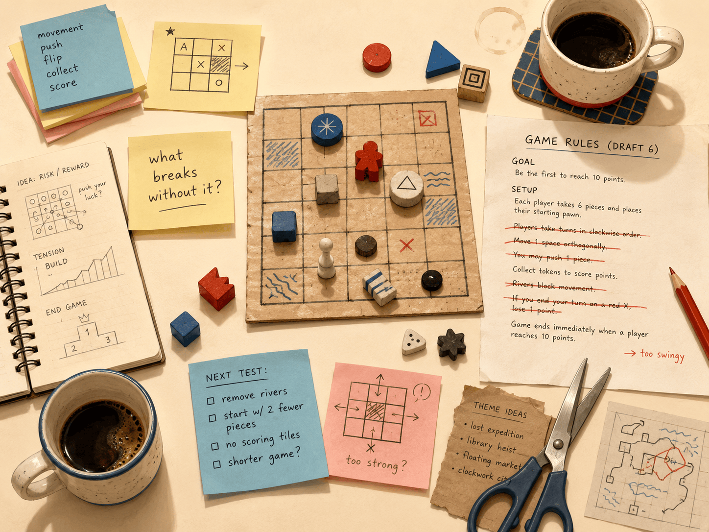 A designer's worktable seen from above on a warm cream background: a small prototype board with mismatched handmade pieces, a stack of sticky notes with tiny scribbled grids, a rules page with several lines firmly crossed out in red pencil, one sticky note reading 'what breaks without it?', a pair of scissors, and two coffee cups suggesting a long playtesting session with a partner. Flat modern illustration style, soft red and blue accents, industrious and warm mood.