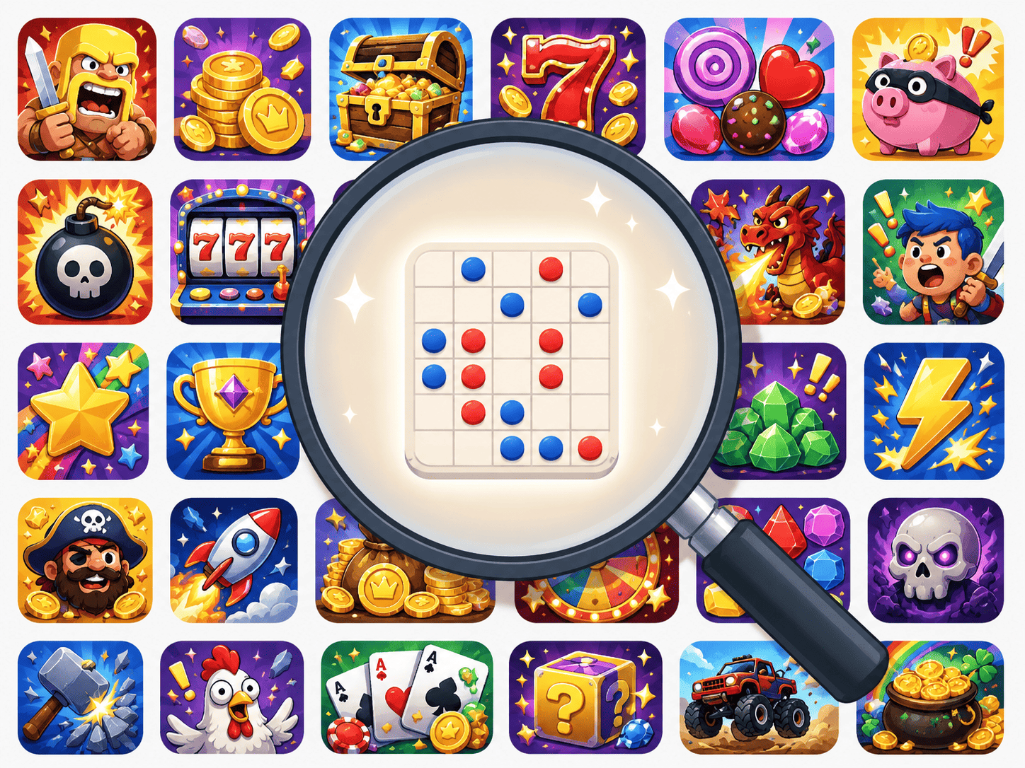 A large magnifying glass held over a grid of colorful app-store style game icons on a light background. Most icons are loud and cluttered - cartoon coins, treasure chests, casino sevens, candy pieces, exclamation marks. Under the lens, one calm minimalist icon glows softly: a simple 6-by-6 grid with red and blue discs. Small sparkle marks highlight it. Flat modern illustration, soft red and blue accents, gently humorous tone.