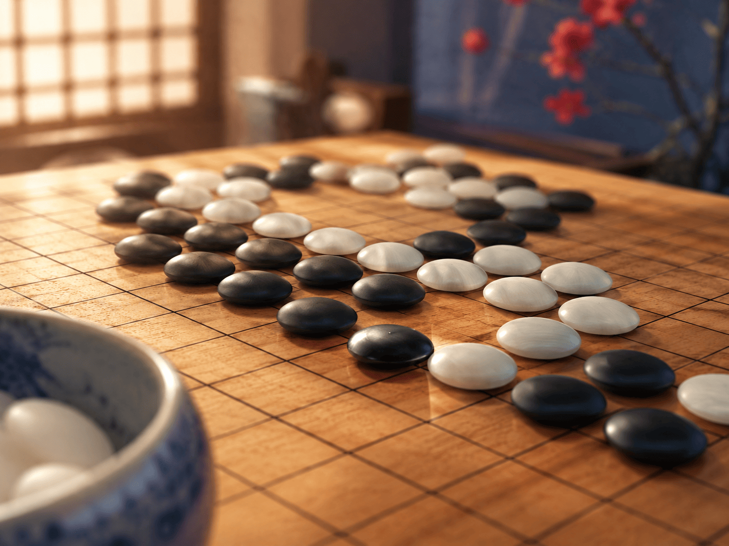 Close-up of a traditional Go board in warm morning light: polished black slate and white clamshell stones curve across the wooden grid, sketching the boundary between two territories. Shallow depth of field, one stone freshly placed and slightly gleaming, a ceramic bowl of stones blurred at the edge of frame. Serene, contemplative mood, warm wood tones with soft red and blue accents in the background.