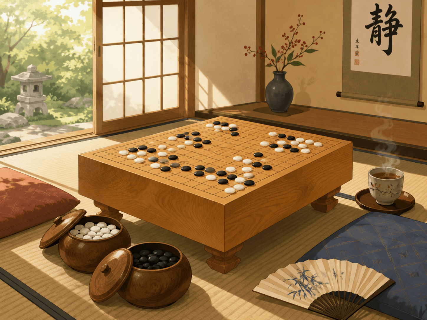A traditional thick-legged wooden goban on tatami mats in a quiet room, a game of black and white stones in mid-position on its grid, two small wooden stone bowls beside it with lids set ajar, a cup of tea steaming softly in the window light, a folded fan resting near one player's cushion. Serene composition, warm natural light, flat modern illustration style with soft red and blue accents, reverent and calm mood.