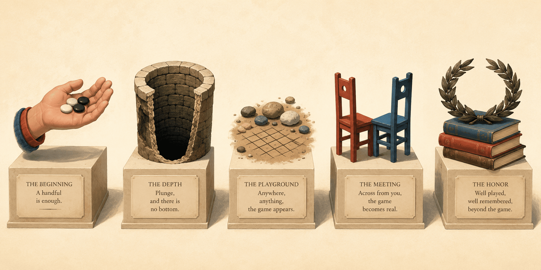 Five symbolic objects in a row on a warm cream background, each on a small pedestal with soft shadows: a child's open hand holding a few smooth game stones; a deep stone well shown in cutaway with no visible bottom; a scatter of ordinary pebbles beside a grid scratched into dirt; two simple wooden chairs facing each other closely; and a laurel wreath resting on a small stack of old books. Flat modern illustration style with soft red and blue accents, quiet museum-exhibit mood.