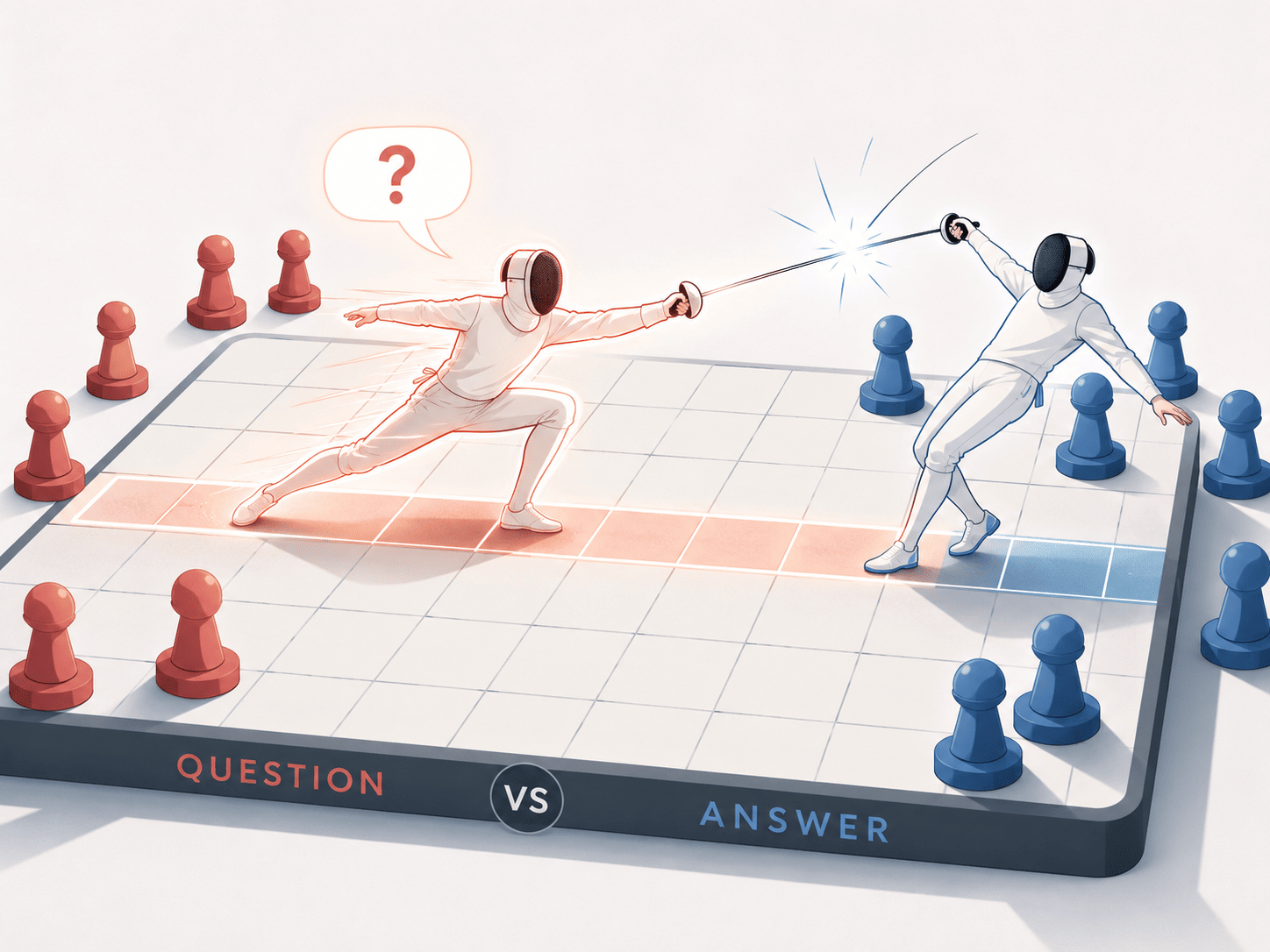 Two stylized fencers dueling on top of a giant minimalist game board, their piste running along a line of squares. The left fencer lunges forward mid-attack, glowing softly, sword extended - clearly asking the question. The right fencer parries, leaning back, feet at the board's edge. Small red and blue game pieces stand on squares around them like spectators. Dynamic but clean flat illustration style, light background, soft red and blue accents, energetic mood.