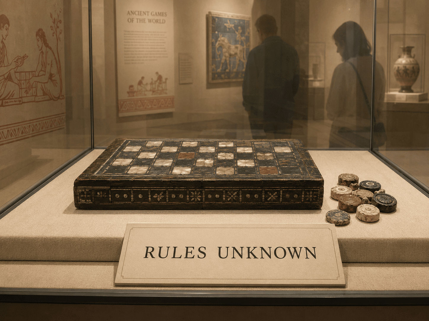 A museum display case in soft focus gallery light, holding a beautiful ancient game board of dark wood inlaid with shell and stone squares, a small pile of worn playing pieces beside it. The neat museum label in the foreground reads simply RULES UNKNOWN. Faint reflections of modern visitors in the glass. Flat modern illustration style with warm cream tones and soft red and blue accents, quiet and melancholy mood.