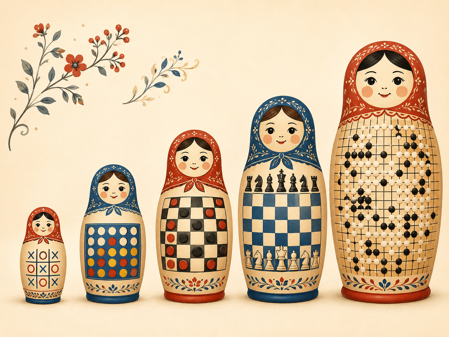 A row of five nesting dolls on a warm light background, each painted as a game board and arranged from tiny to enormous. The smallest doll bears a tic-tac-toe grid, the next a Connect Four frame with discs, the middle one a checkers board, the fourth a chessboard with painted pieces, and the largest doll is covered edge to edge in a fine Go grid with tiny stones. Soft shadows, flat modern illustration style with warm cream tones and soft red and blue accents, gently whimsical mood.