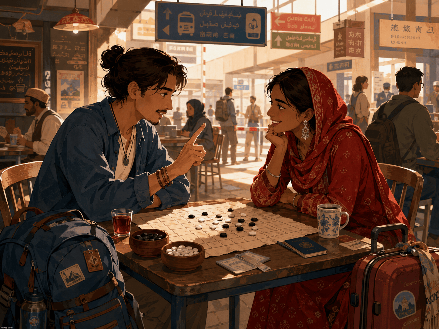 Two travelers from visibly different cultures sit at a small table in a busy border-crossing cafe, luggage at their feet, sharing a simple strategy game of dark and light stones on a hand-drawn grid. One demonstrates a move with a raised finger; the other leans in, smiling in comprehension. Around them, signage in several scripts hangs unread. Warm afternoon light, flat modern illustration style with soft red and blue accents, warm and human mood.
