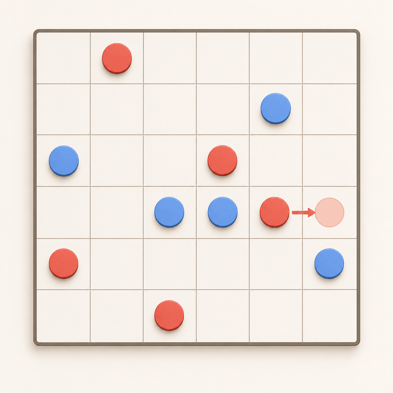 Top-down view of a minimalist 6-by-6 game board mid-match, with five red and five blue round pieces placed on the grid. One newly placed blue piece is pushing an adjacent red piece one square toward the edge, shown with a subtle motion arrow. Everything is in the open: no cards, no dice, no hidden zones anywhere in the scene. Calm light background, soft shadows, clean flat style matching a modern minimalist strategy app.