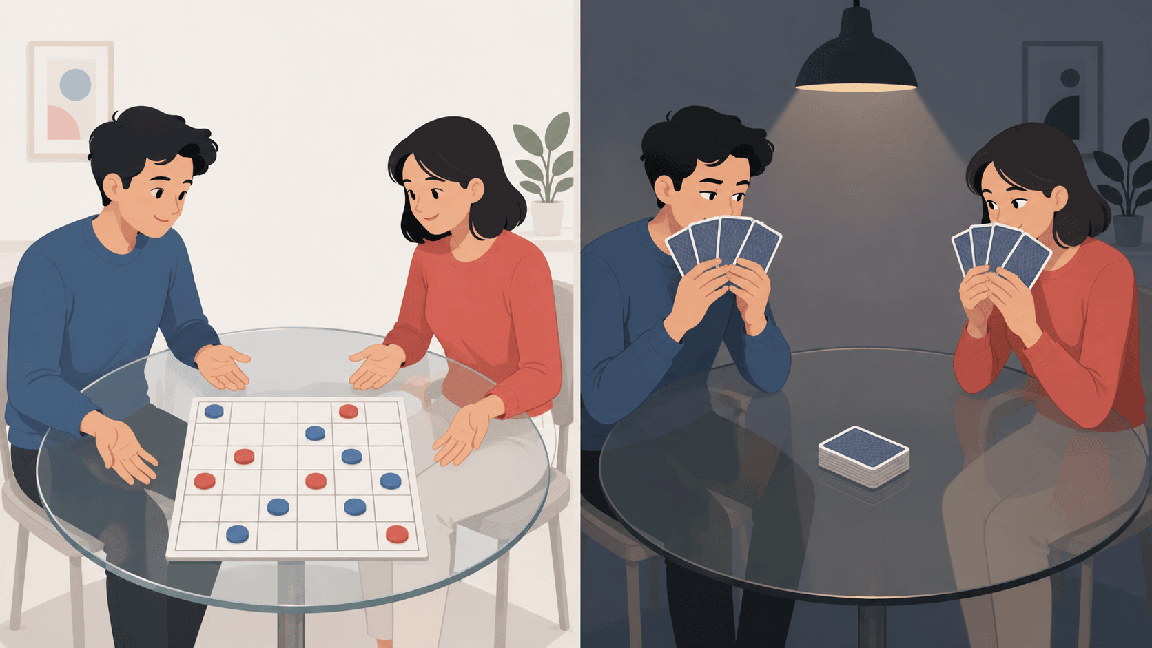 Split-scene illustration on a light background. Left half: two players lean over a glass table with a clean 6-by-6 grid of red and blue discs, every piece fully visible, their open hands resting beside the board. Right half: the same two players play cards, each clutching a fanned hand tightly against their chest, eyes narrowed over the tops of the cards, a small pile of face-down cards between them. A thin dividing line separates the halves. Flat minimalist style, soft red and blue accents, calm and slightly playful mood.
