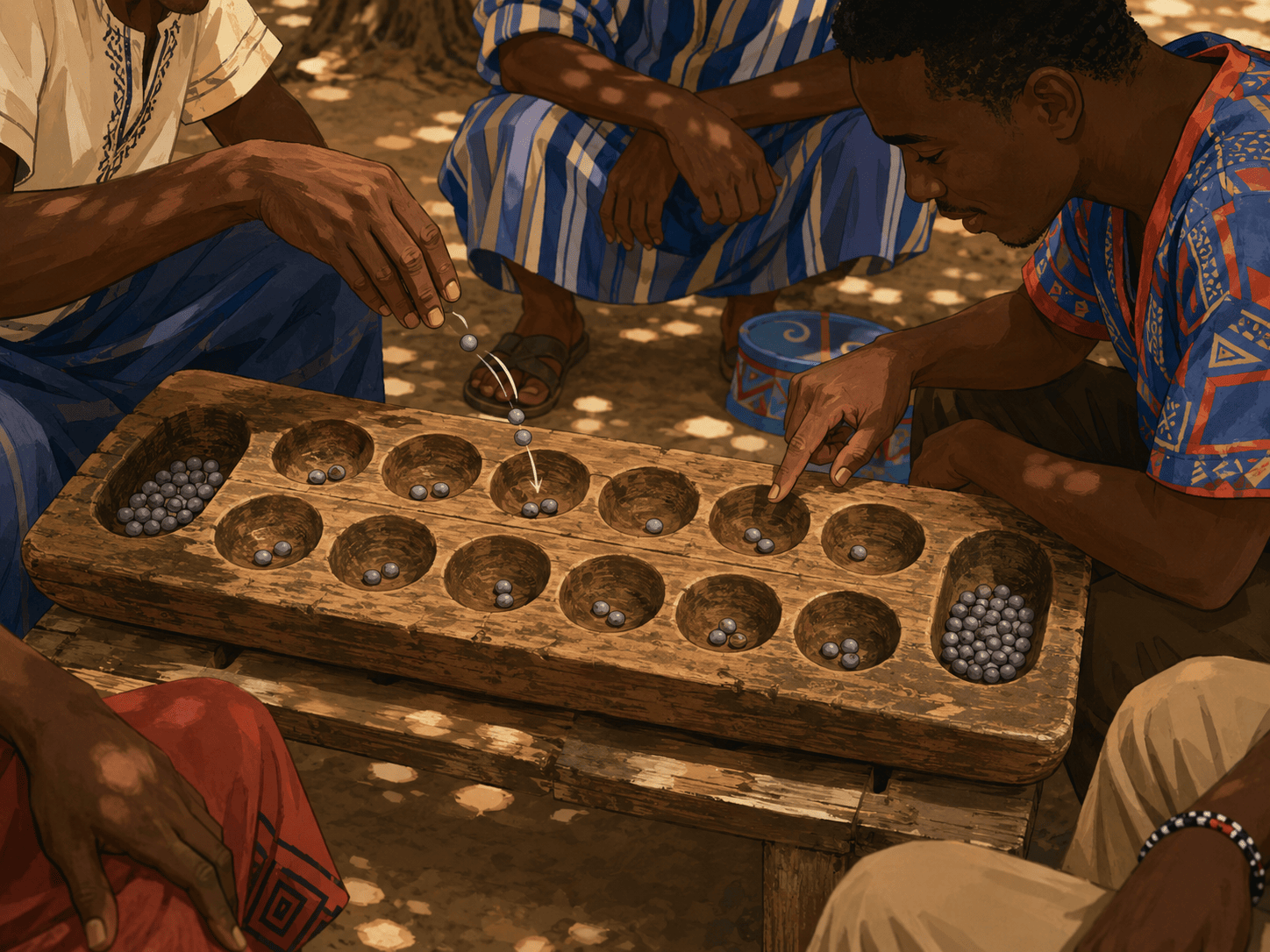 A weathered wooden oware board with two rows of six worn pits, mid-game under dappled tree shade, one player's hand caught mid-sow scattering small gray seeds while the opponent leans forward counting an enemy pit, a few captured seeds pooled at each end. Other onlookers' hands and knees edge into frame, suggesting a small crowd. Warm afternoon light, flat modern illustration style with soft red and blue accents, lively communal mood.