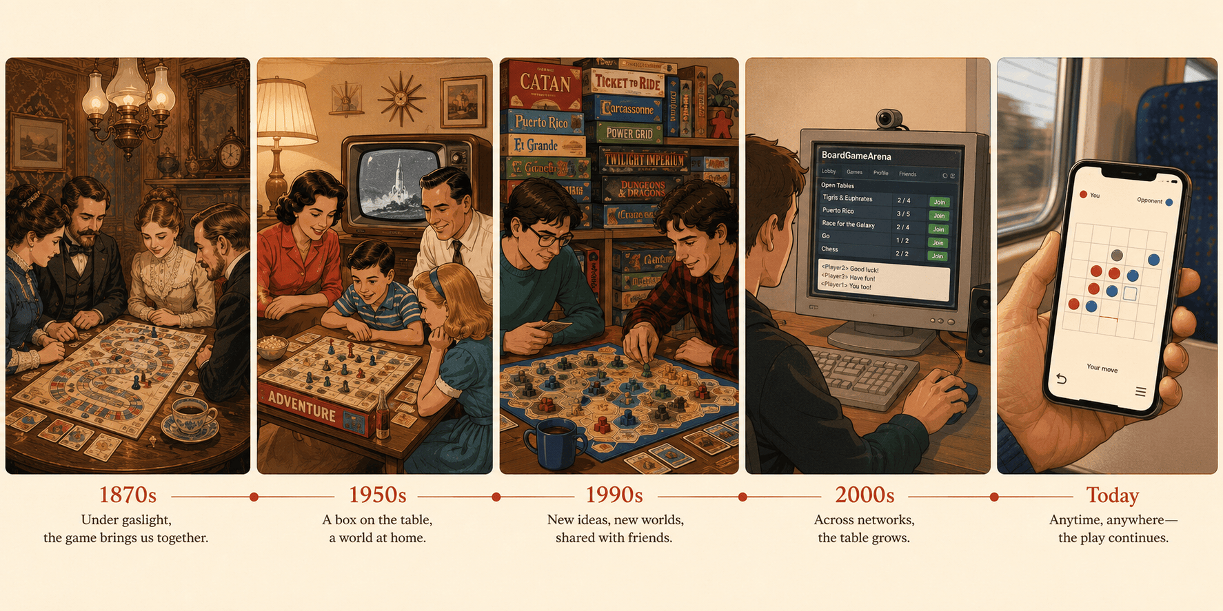 A five-panel horizontal strip on a warm cream background showing the same act across two centuries: first, a Victorian family around a gaslit parlor table with a colorful printed race-track board; second, a 1950s living room with parents and children over a mass-market box game, television glowing behind; third, a 1990s shelf crowded with colorful designer game boxes, two players deep in a strategy game at a table; fourth, a 2000s desk with a bulky computer monitor showing an early online board game lobby; fifth, a close-up of a hand on a train holding a phone with a minimalist red and blue 6-by-6 duel mid-move. Flat modern illustration style with soft red and blue accents, warm continuity mood.