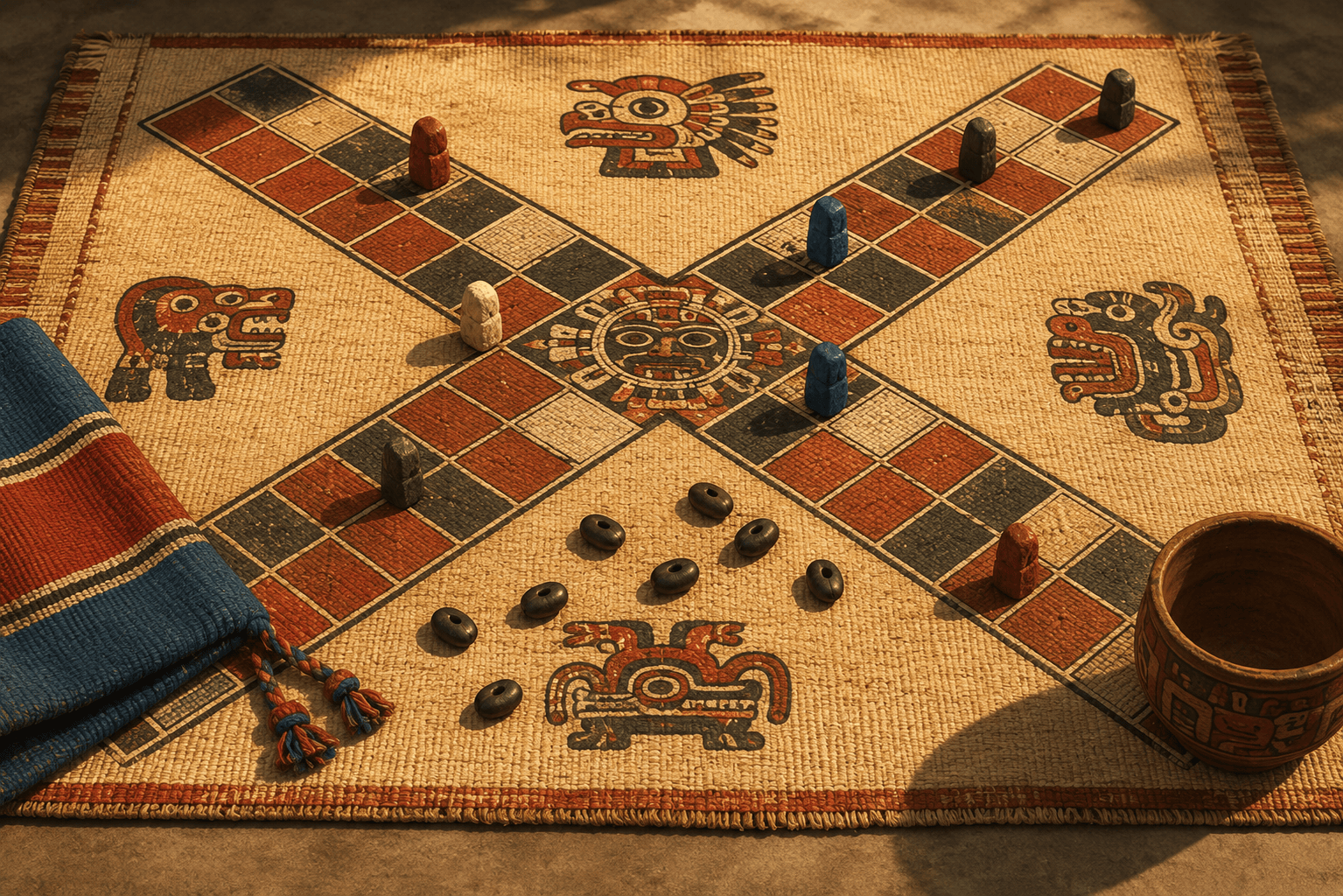 A reproduction patolli mat under warm museum-style light: a bold X-shaped track of painted squares in earth reds and blacks on woven fiber, a scatter of black drilled beans mid-cast, and small colored stone markers standing on several squares. A folded textile and clay cup rest at the mat's edge, suggesting stakes set aside. Flat modern illustration style with soft red and blue accents, vivid and respectful mood.