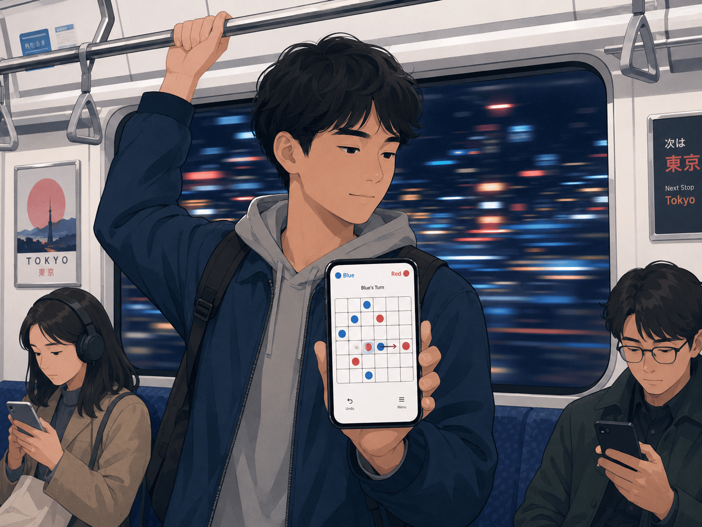 A commuter standing in a softly lit train carriage, one hand holding the overhead rail, the other holding a phone in portrait orientation. On the phone screen, a crisp minimalist 6-by-6 board game with red and blue round pieces is mid-match, one piece mid-push with a small motion arrow. Through the window behind, city lights blur past. Two other passengers are absorbed in their own phones. Calm, contemporary flat illustration style with soft red and blue accents.
