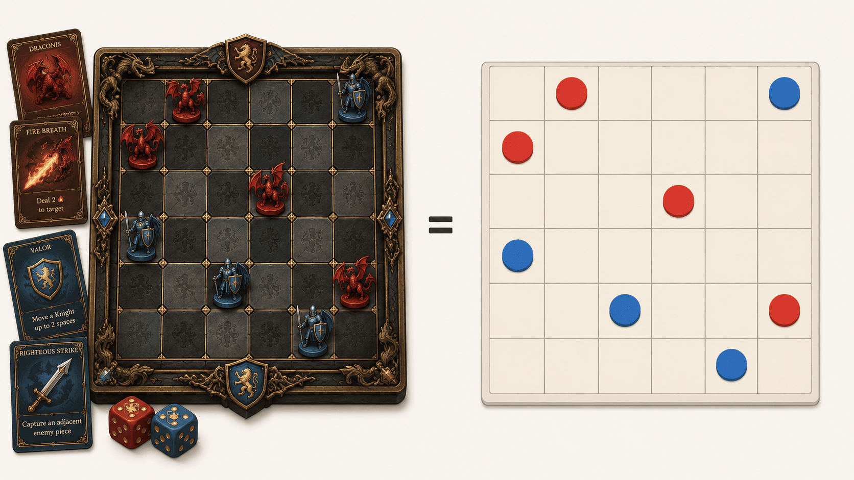 Two versions of the identical board game shown side by side on a light background. Left: the game dressed in heavy fantasy style - ornate carved board, dragon and knight miniatures on the squares, decorative cards and dice piled around the edges, rich dark colors. Right: the same board positions rendered as a plain minimalist grid with simple flat red and blue discs on matching squares, nothing else on the table. A thin equals sign floats between the two panels, showing the underlying game is the same. Flat modern illustration, soft red and blue accents.