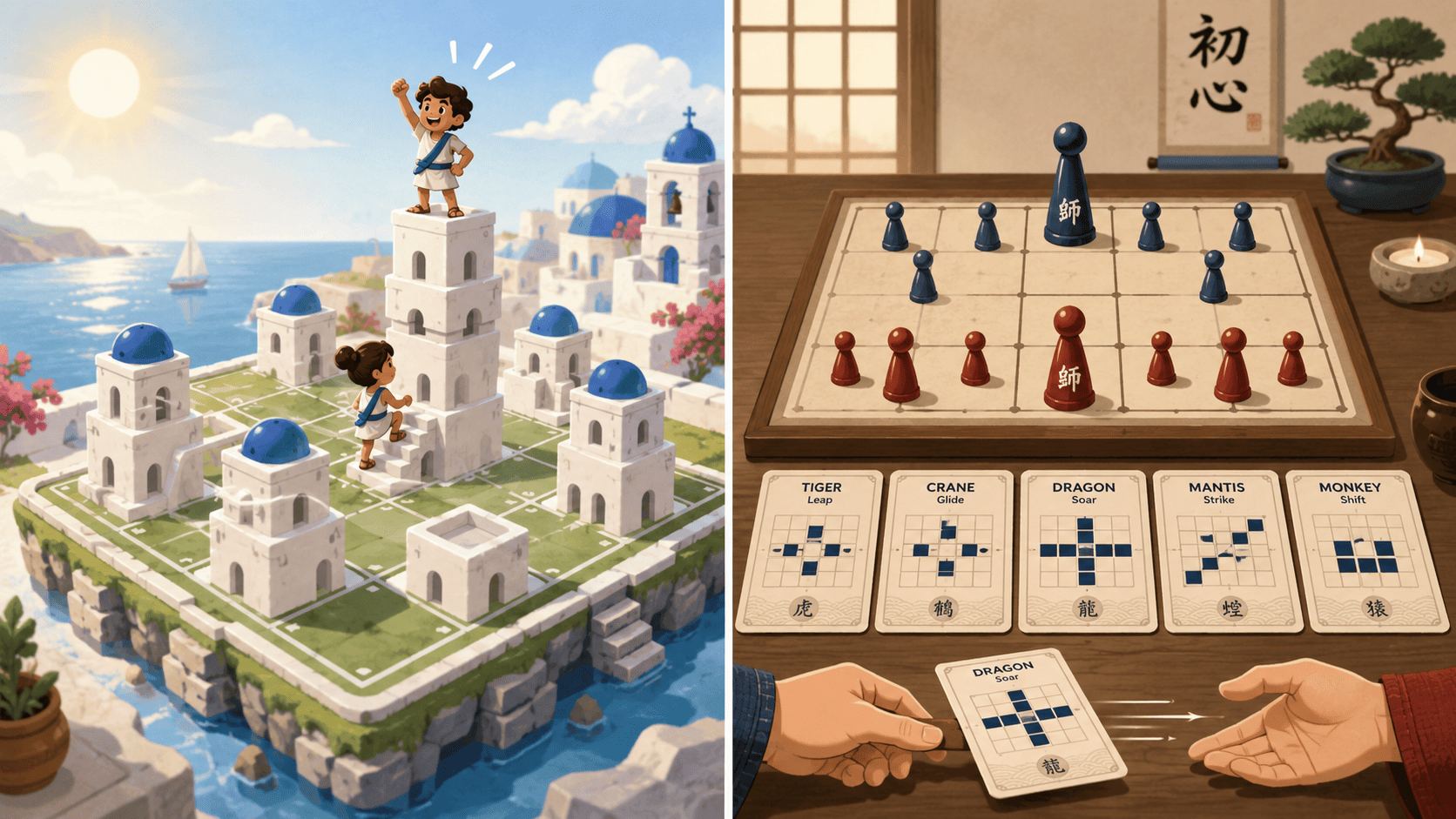 A split-panel illustration on a warm cream background. Left panel: a sunlit 5-by-5 island board with white multi-level towers capped by blue domes, two small builder figures climbing, one tower at three levels with a builder stepping triumphantly onto its top. Right panel: a minimalist dojo table with a 5-by-5 board of pawn-like students and a taller master piece, five martial-arts move cards fanned beside the board, each card showing a small grid of highlighted movement squares, one card mid-slide from one player's side to the other. Flat modern illustration style, soft red and blue accents, warm and inviting mood.