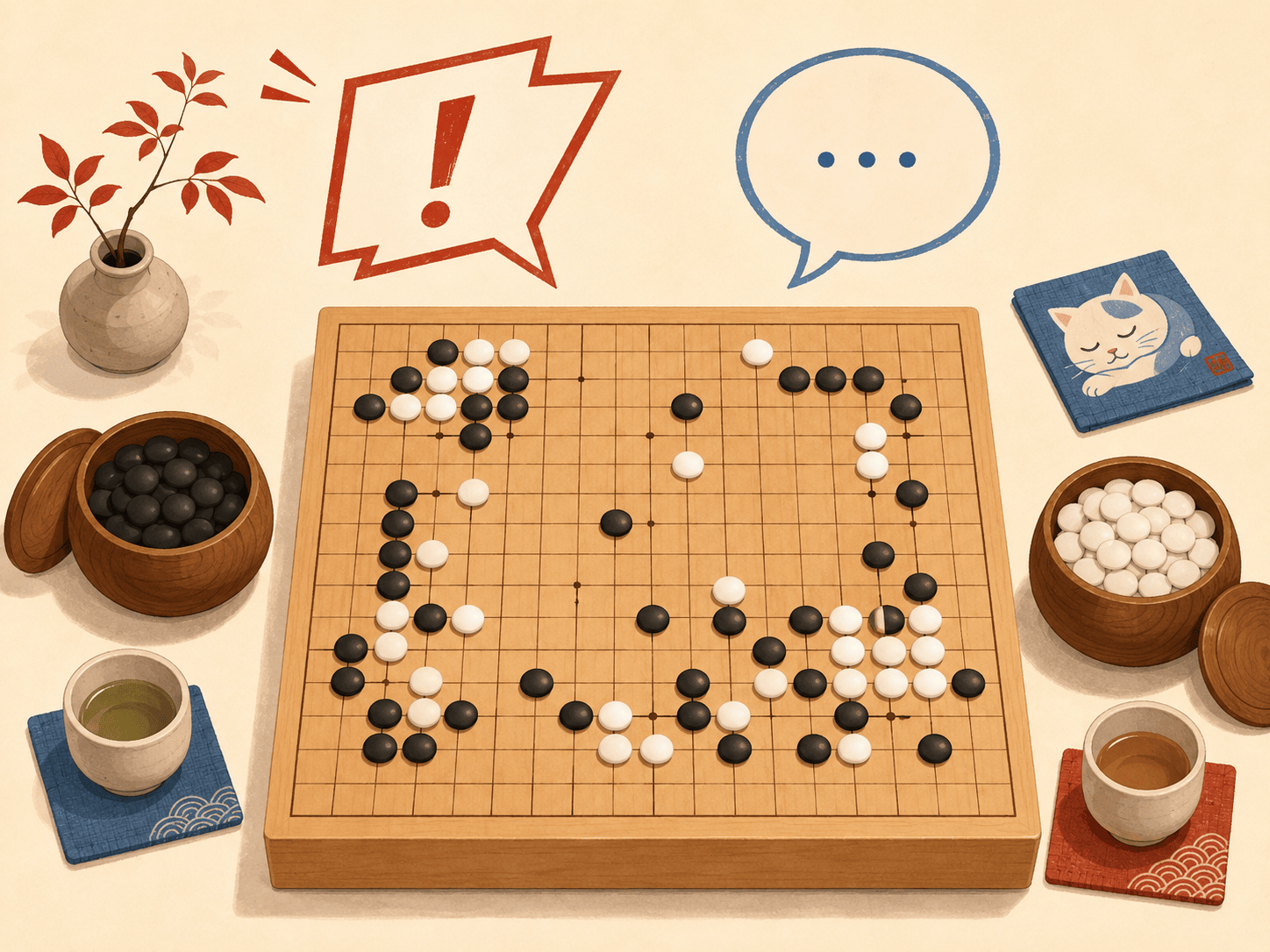 A serene overhead Go board with black and white stones mid-game. Above it float two contrasting speech bubbles: one bold and sharp-edged, leaning forward, containing a single exclamation mark - the demanding sente voice. The other bubble is round, calm and open, containing a gentle ellipsis - the yielding gote voice. Soft warm lighting, flat modern illustration style, wood tones with soft red and blue accents, contemplative mood with a hint of humor.