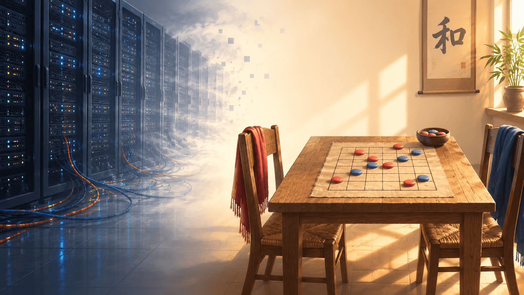 A split scene on a warm background: on the left, a dark server room with racks of blinking machines dissolving into pale mist, cables fading to nothing; on the right, standing solid in warm lamplight, a plain wooden table with a simple hand-drawn 6-by-6 grid and red and blue stones mid-game, two chairs waiting. Flat modern illustration style with soft red and blue accents, elegiac but hopeful mood.