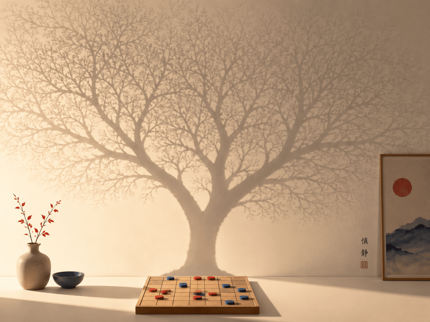 A small minimalist 6-by-6 game board with a few red and blue round pieces stands on a plain surface, lit from one side by warm light. Its shadow, cast dramatically up a wall behind it, is not a board's shadow at all: it spreads into an enormous branching tree, limbs dividing and re-dividing into thousands of fine twigs that fade toward the ceiling. Flat modern illustration style, light background, soft red and blue accents, quietly awed mood.
