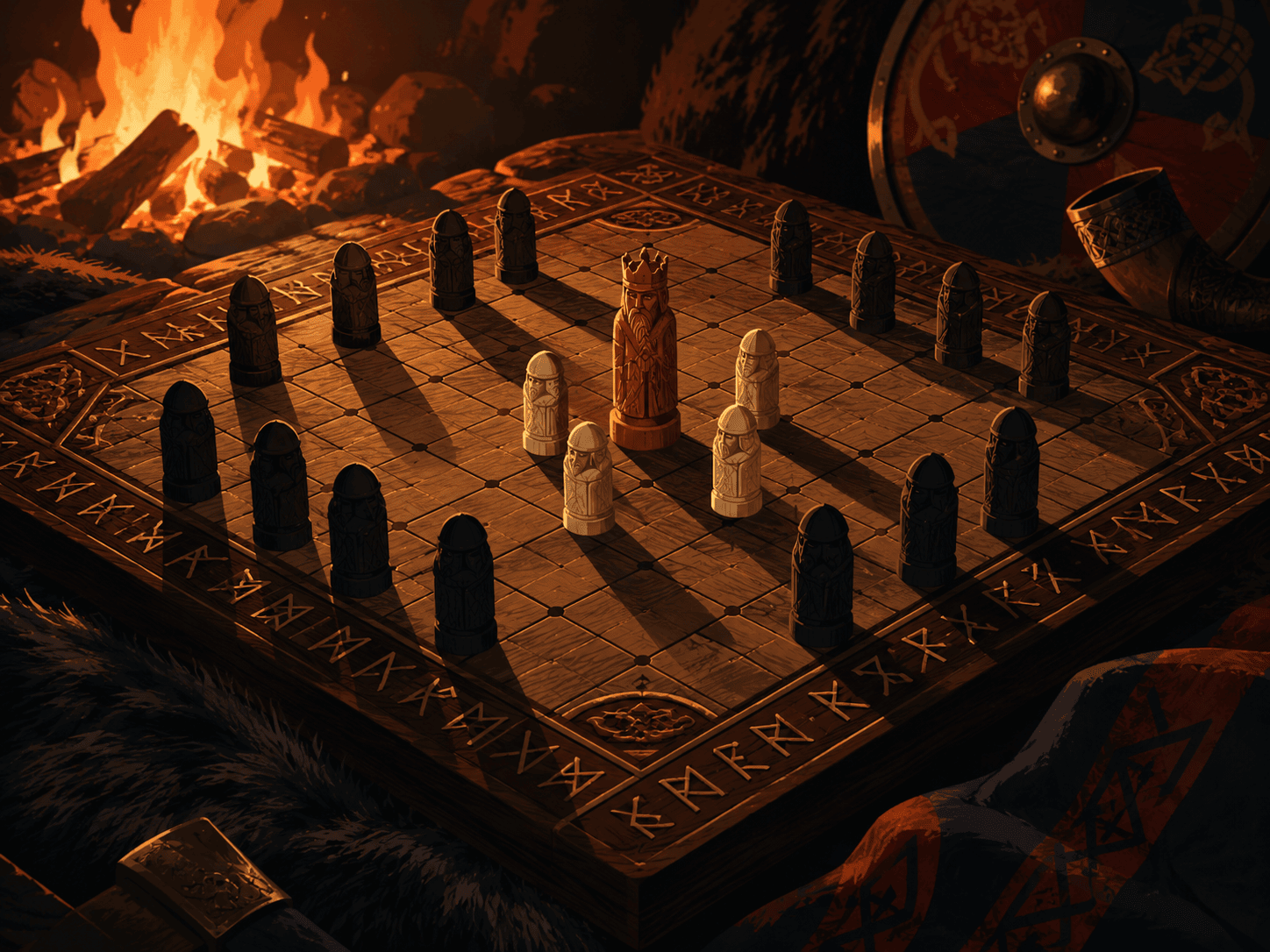 A carved wooden hnefatafl board resting on dark fur beside a fire, seen at a low angle: a tall amber king piece stands at the center with a few pale defenders close by, while a ring of darker attacker pieces closes in from the edges, their long shadows thrown by the firelight. Rune-like border carvings on the board's rim catch the glow. Flat modern illustration style with warm firelit tones and soft red and blue accents, tense saga mood.