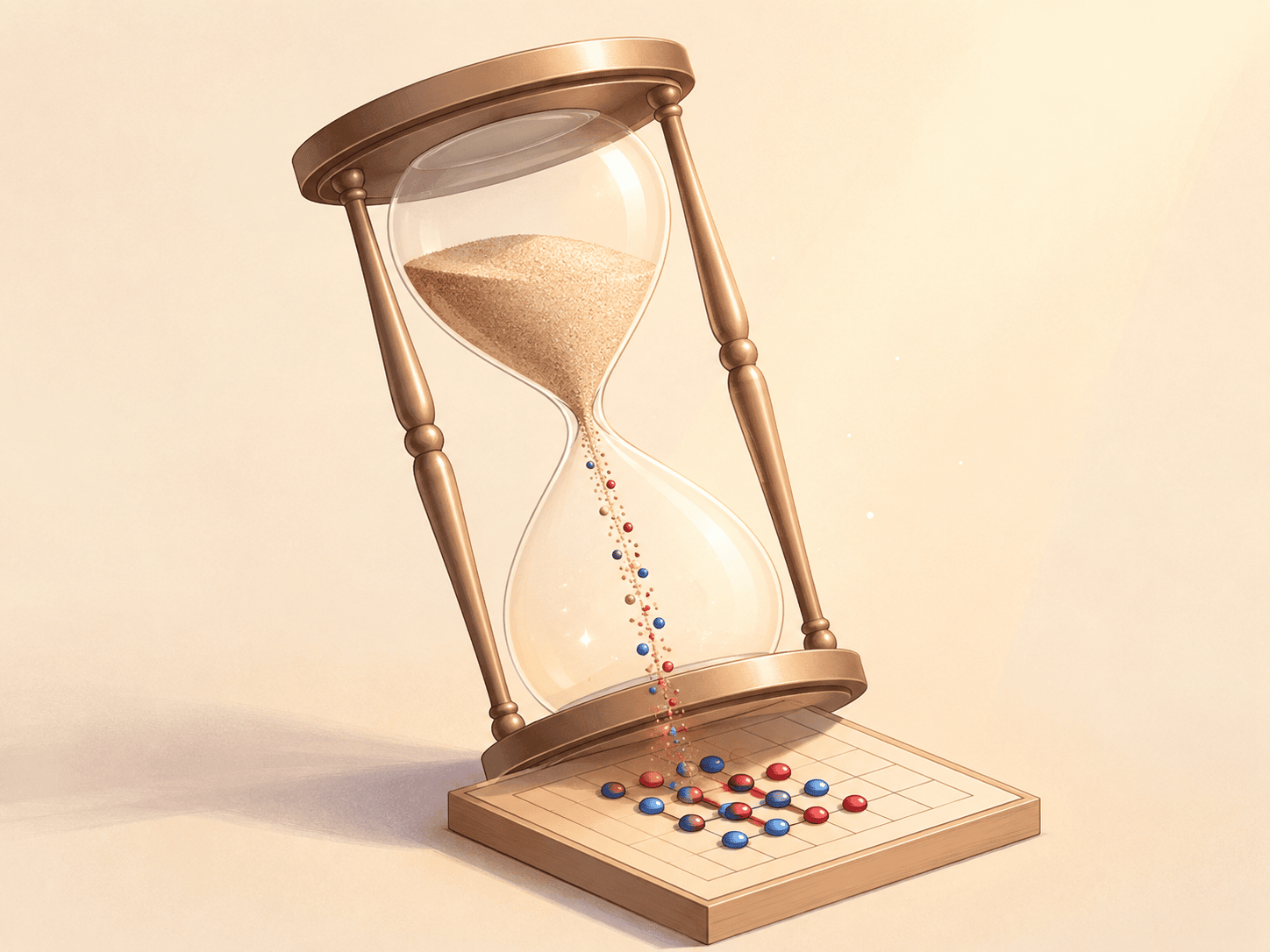 A large elegant hourglass on a light background, tipped slightly as if just turned. The sand falling through its neck transforms mid-air into tiny red and blue game pieces, which land arranged on a small minimalist game board at the hourglass's base. Warm light, soft shadows, flat modern illustration style with soft red and blue accents, calm and slightly magical mood.