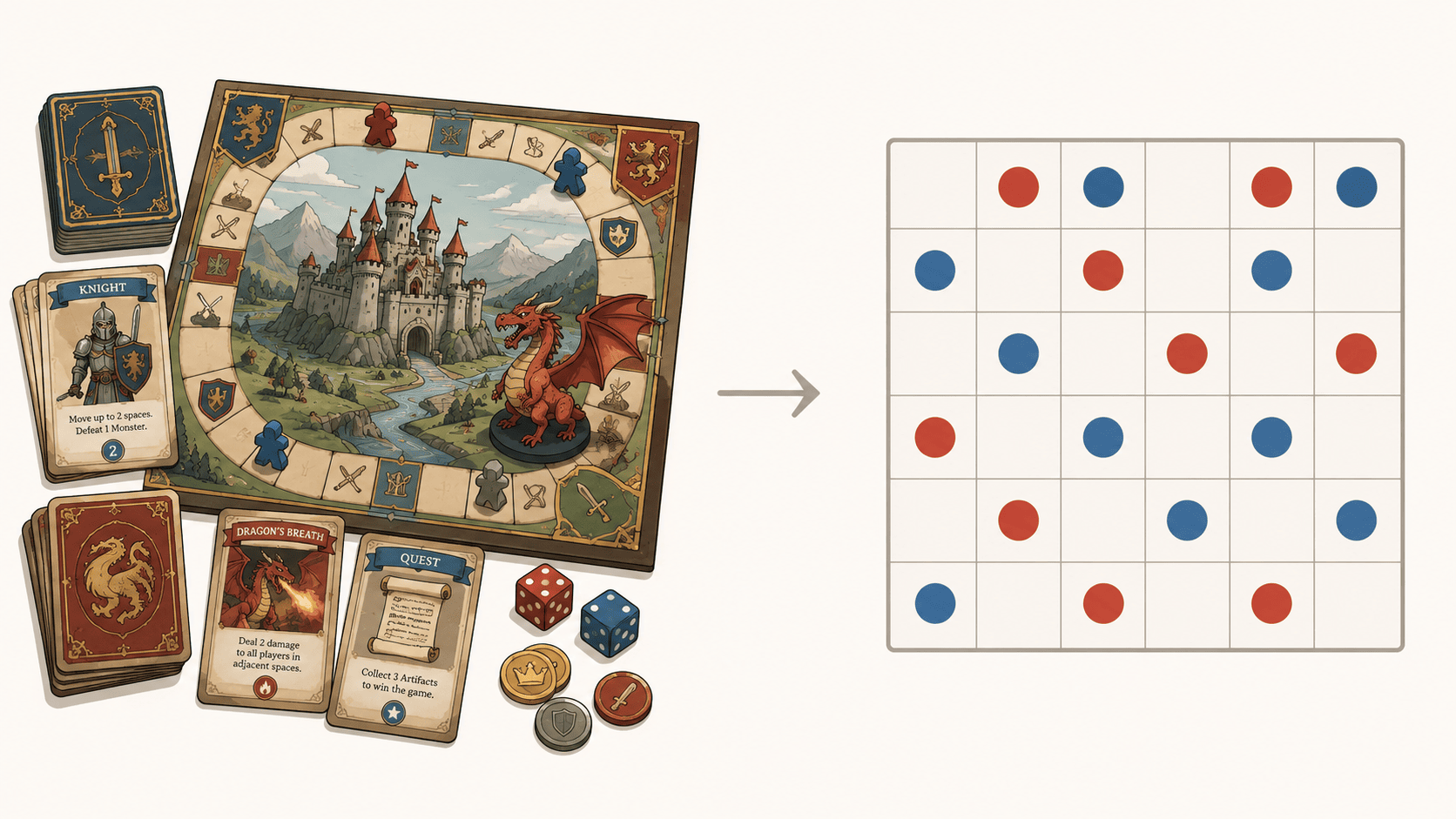 Side-by-side comparison illustration on a light background. On the left, a fantasy-themed board game crowded with a dragon miniature, castle artwork, piles of cards, dice, and tokens. On the right, a serene abstract game: a plain 6-by-6 grid with simple red and blue round discs and nothing else. A subtle arrow between the two panels suggests stripping away decoration to reveal the strategy underneath. Flat minimalist style with soft red and blue accents.