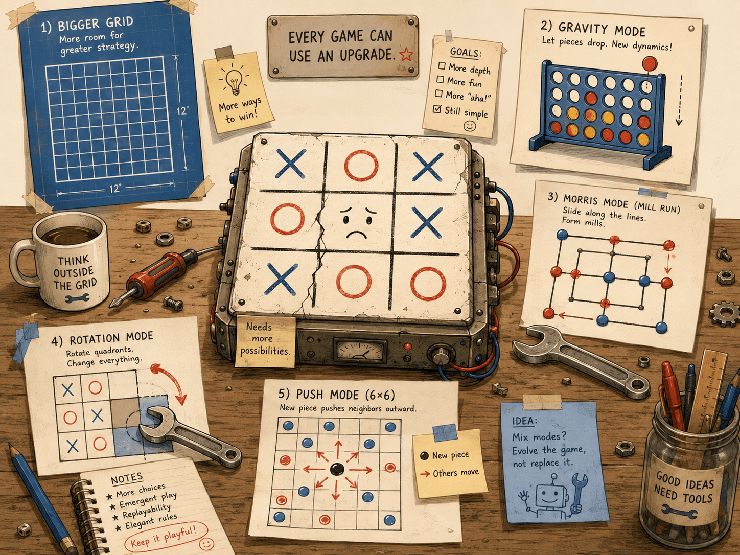 A playful workshop scene on a light background. In the center, a large tic-tac-toe grid filled with a drawn game sits on a repair bench like a broken machine, with a sad face lightly sketched on it. Around the bench, tools and blueprints suggest fixes: a blueprint showing a much bigger grid, a small Connect Four frame with discs dropping under a gravity arrow, a morris board with pieces mid-slide, a quarter of a board being rotated by a wrench, and a small 6-by-6 board where a placed piece pushes its neighbors outward with motion arrows. Flat modern illustration, warm cream tones with soft red and blue accents, gently humorous mood.