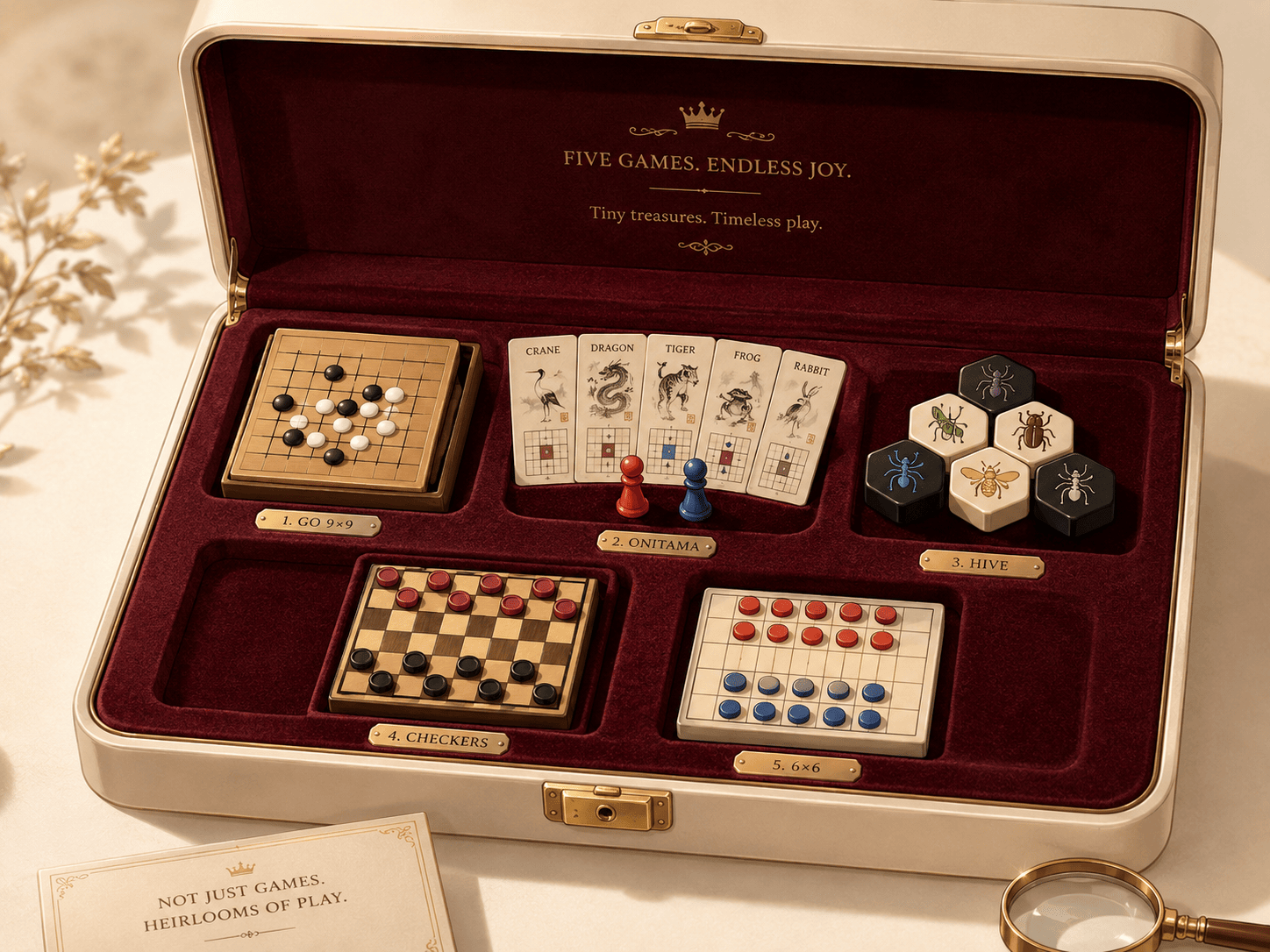 An elegant velvet-lined jewelry display case, open on a light surface, holding five miniature game treasures arranged like precious gems: a tiny 9-by-9 Go board with miniature stones, a small five-card Onitama layout with pawns, a cluster of hexagonal Hive tiles with bug icons, a pocket checkers board, and a minimalist 6-by-6 board with red and blue discs. Soft warm spotlighting, shallow depth of field, flat modern illustration style with cream tones and soft red and blue accents, reverent and slightly playful mood.