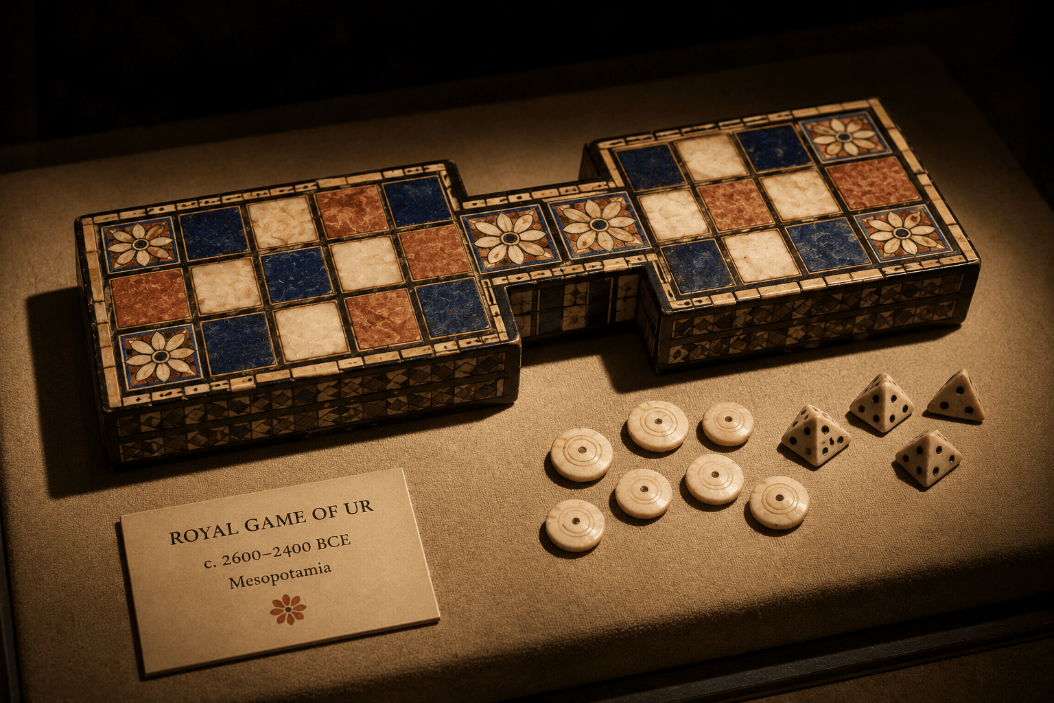 A museum-style still of the Royal Game of Ur board under a warm spotlight against deep shadow: the bridged twenty-square board inlaid with white shell, deep blue lapis lazuli, and red limestone, five squares bearing eight-petaled rosette flowers, with a few small round shell pieces and pyramid-shaped dice resting beside it. Reverent lighting, rich material detail, flat modern illustration style with soft red and blue accents, quiet awe mood.