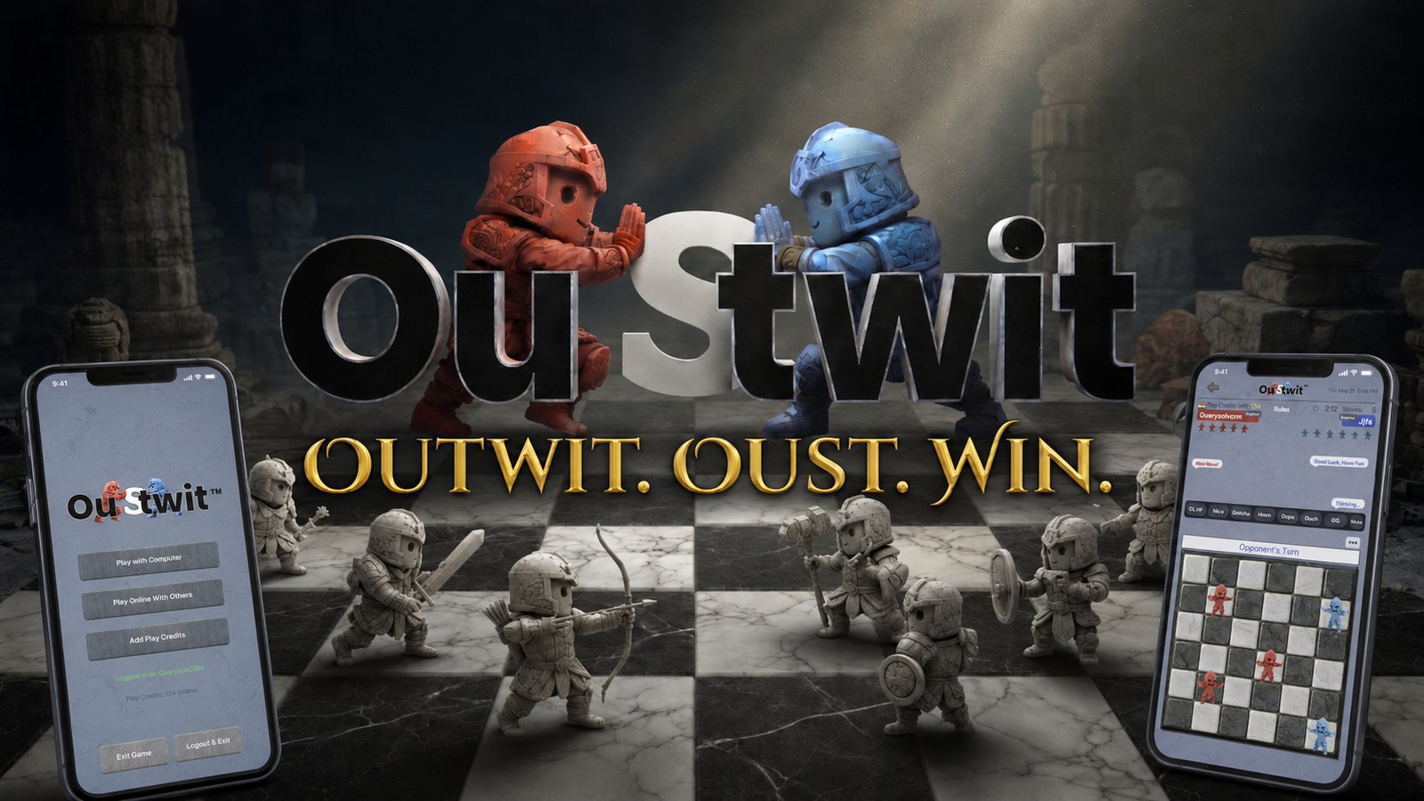 Oustwit — Outwit. Oust. Win. A red and a blue warrior face off across a 6×6 board, flanked by phone screenshots of the app.